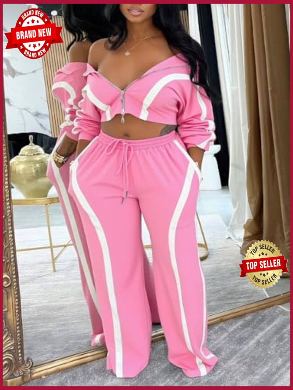 Striped 2 Piece Tracksuit Zip Up Jacket Wide Leg Pants Set - Picture 3 of 7